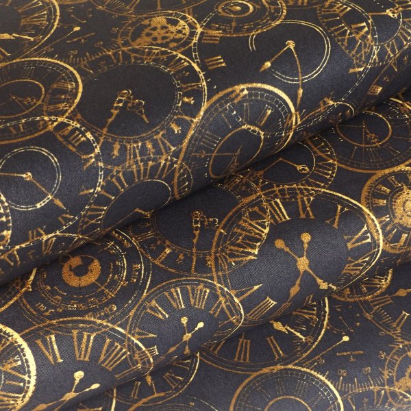 Steampunk Clocks On A Dark Background Cotton Fabric