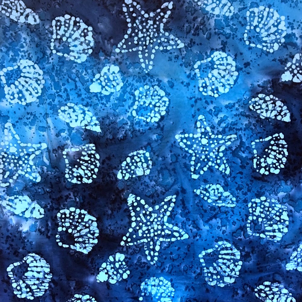 100% Cotton Turquoise Shells On Navy Batik Design - Clearance 115cm X 48cm