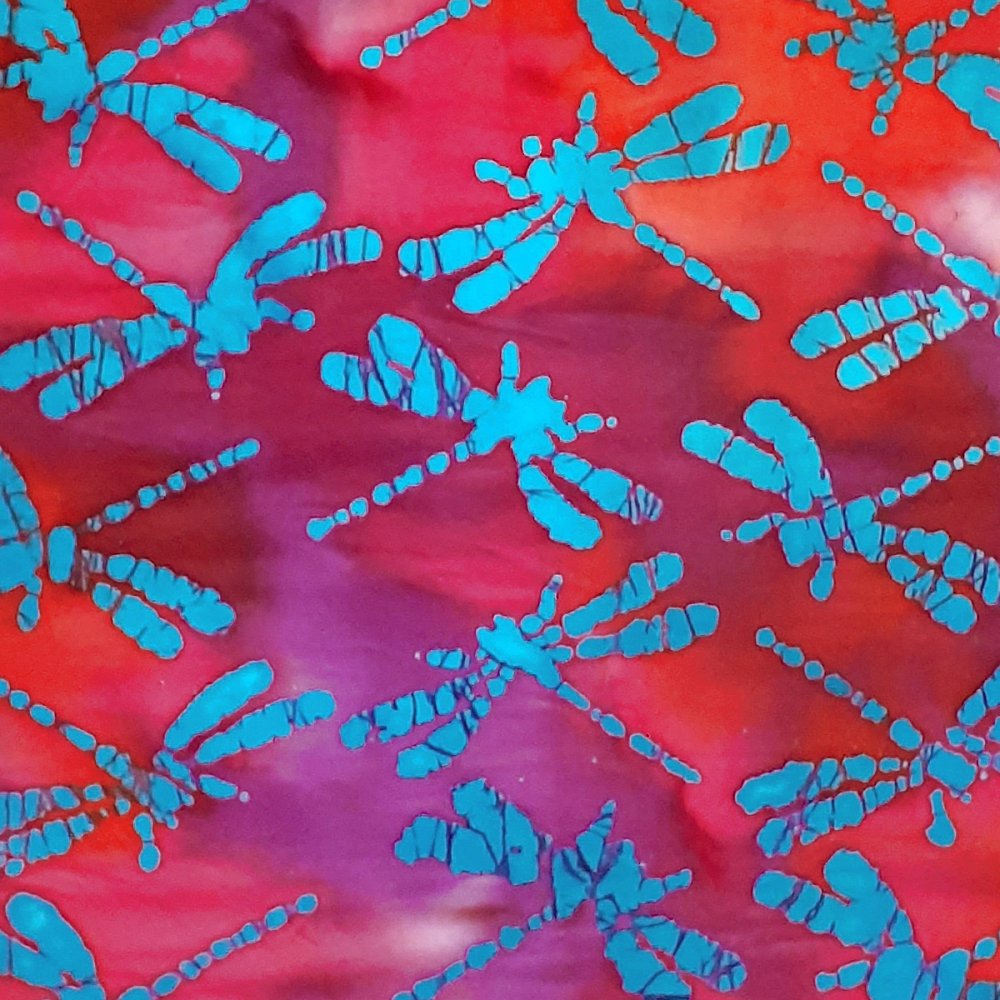 100% Cotton Dragonflies On Red Batik Design - Clearance 58cm X 50cm