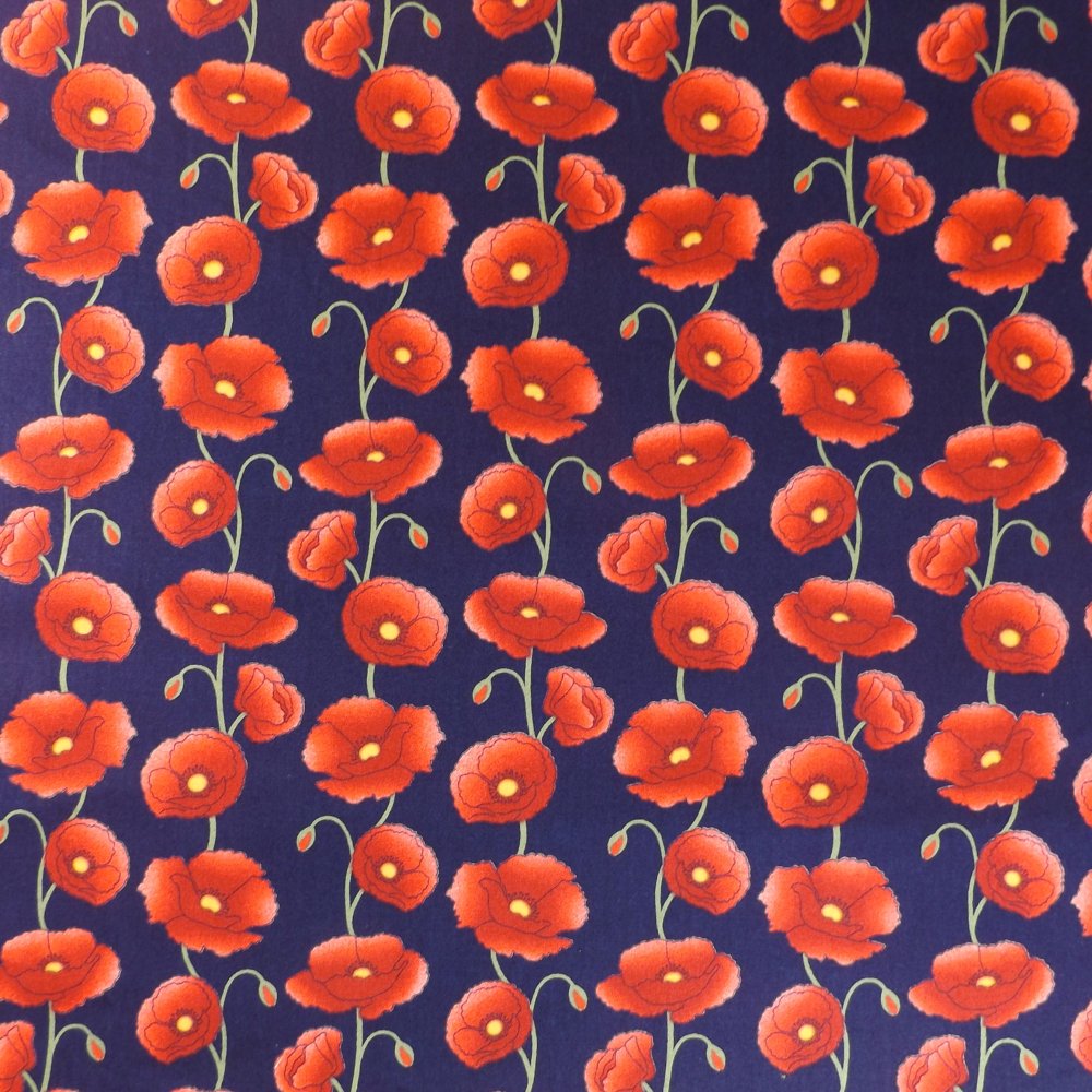 100% Cotton Poplin Red Poppies On Navy Design - Clearance 50cm X 50cm